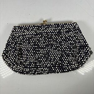 Vintage MCM 1950s Navy White Clear Corde‎ Bead Purse Pouch By Lumured Rare Hinge